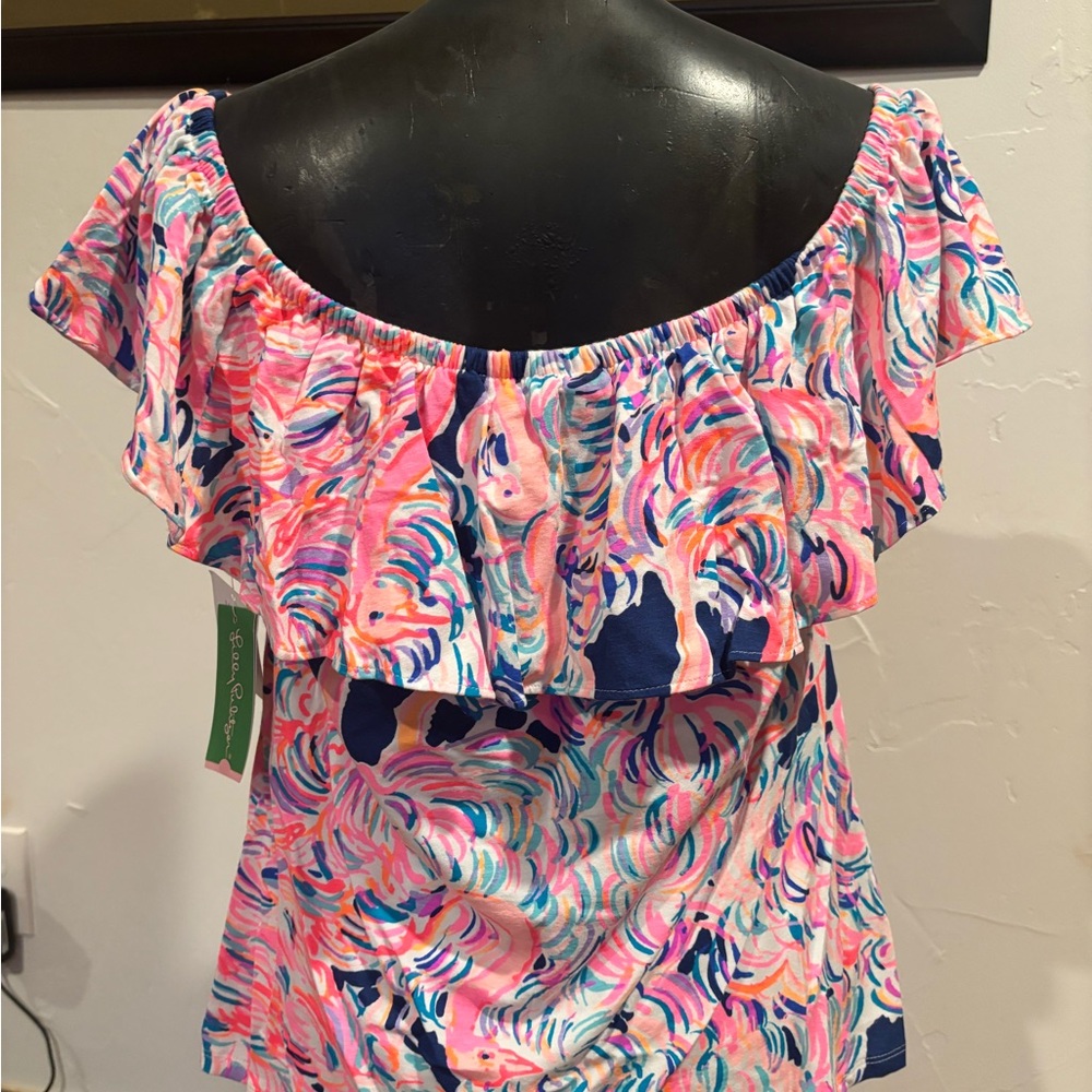 Lilly Pulitzer Pelican Pink Multicolor Swirl Off the Shoulder Top - Picture 2 of 4